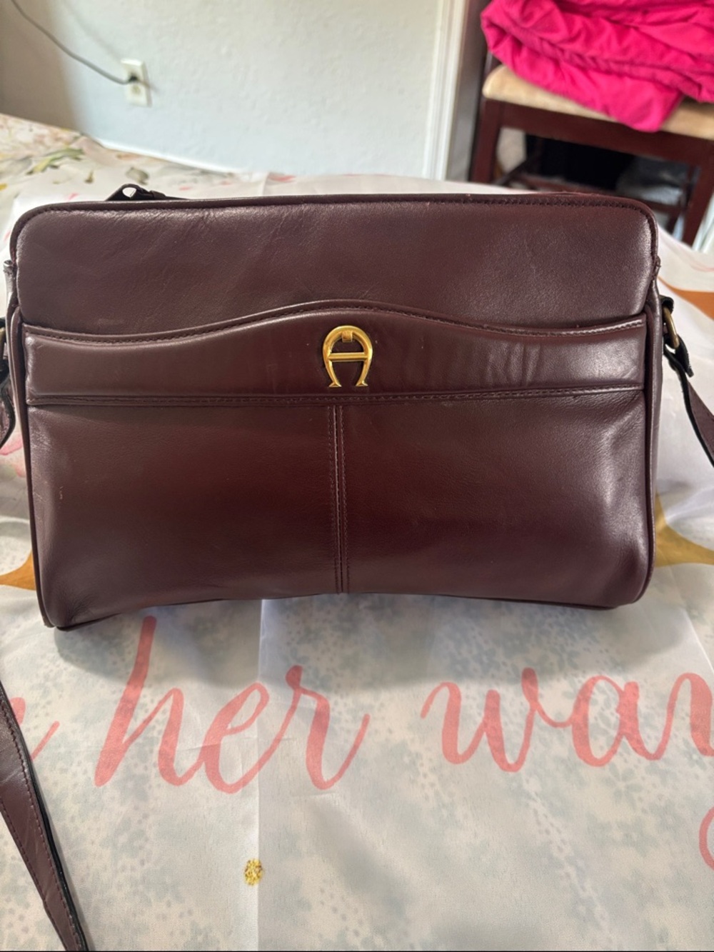 Men's Leather Messenger Bag in Deep Burgundy with Gold Hardware